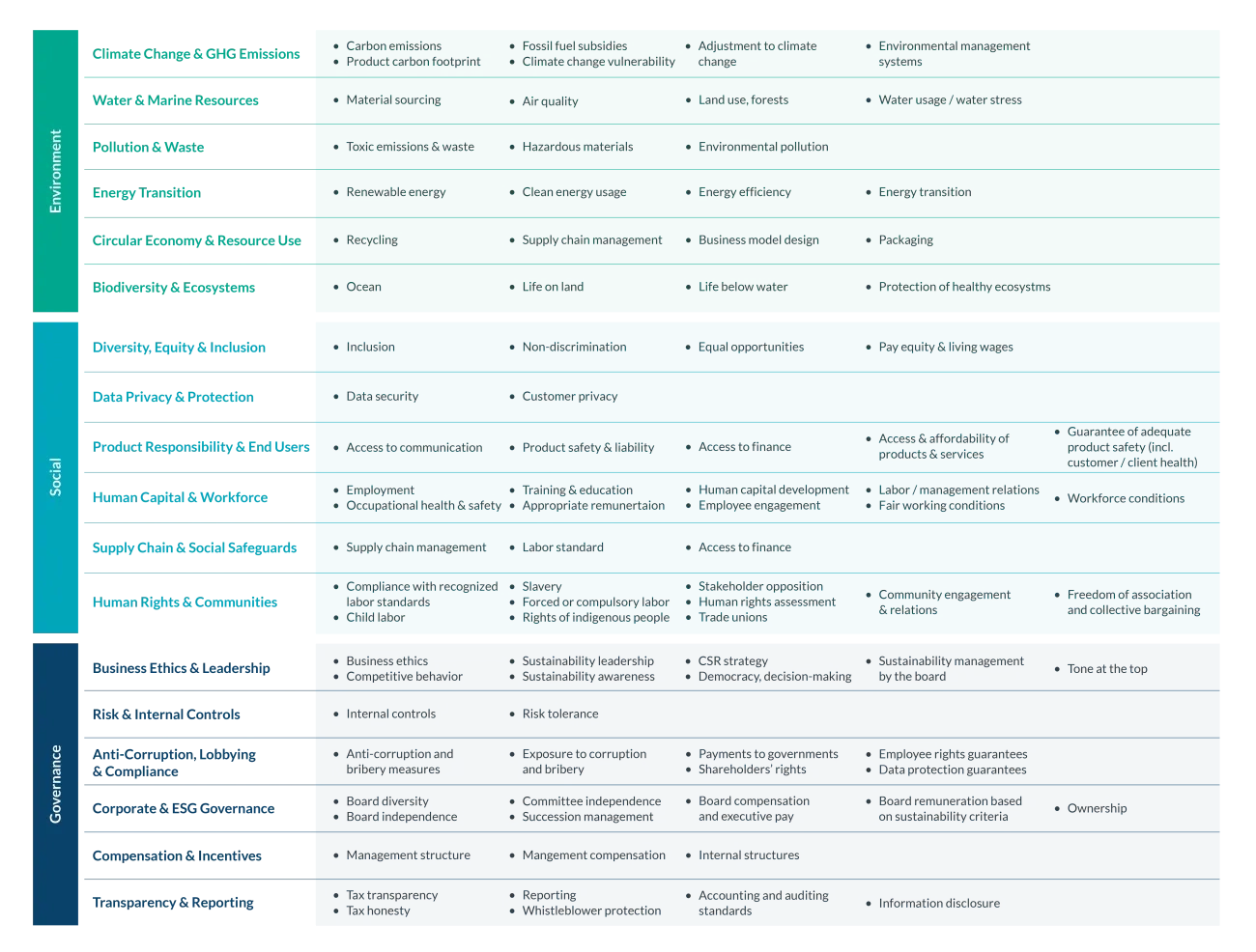 Example environmental, social and governance topics